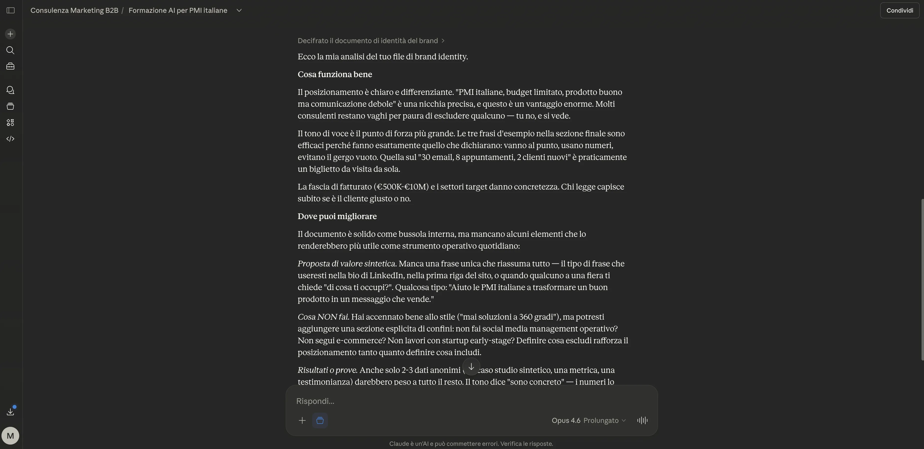 Risposta dell'AI dentro un Progetto — specifica e nel tono giusto